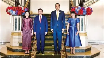  ?? SRETTHA VIA TWITTER ?? Prime Minister Hun Manet (centre-left) and his wife Pich Chanmony with Thai Prime Minister Srettha Thavisin and his wife Pakpilai Thavisin in Bangkok, Thailand, on February 7.