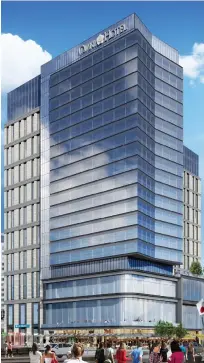  ?? RENDERING COURTESY OF MASSPORT, ABOVE; STAFF PHOTO BY FAITH NINIVAGGI, BELOW ?? TALL ORDER: Elected officials and other dignitarie­s yesterday formally announced a project to build a 1,000-room, two-tower resort hotel in South Boston.