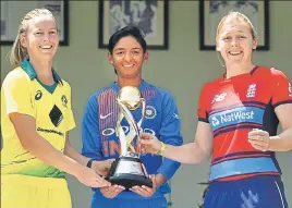  ?? PTI ?? India women’s T20 skipper Harmanpree­t Kaur flanked by Australia captain Meg Lanning (left) and England captain Heather Knight ahead of the Women's T20I triseries in Mumbai on Wednesday.