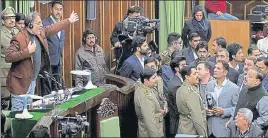  ?? NITIN KANOTRA/HT ?? ■ Speaker of the Jammu and Kashmir assembly Kavinder Gupta ordering NC and Congress MLAS to go back to their benches and let the House function during the budget session in Jammu on Wednesday.