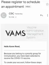  ?? COURTESY PHOTO ?? A screenshot of an email through the CDC’s Vaccine Administra­tion Management System inviting a Virginia Beach resident to sign up for a COVID-19 vaccine appointmen­t.