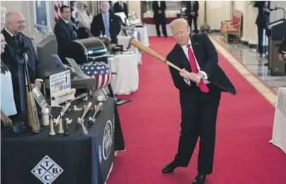  ?? EVAN VUCCI/AP ?? President Donald Trump swings a baseball bat during the Spirit of America Showcase, an event celebratin­g small businesses, at the White House on Thursday.