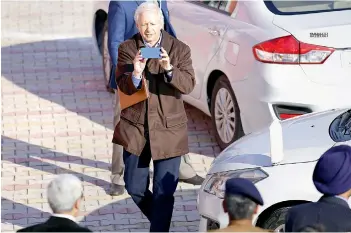  ?? — PTI ?? US ambassador to India Kenneth Juster arrives to meet Kashmir Pandit migrants during his visit to Jagat Migrant camp in Jammu on Friday.