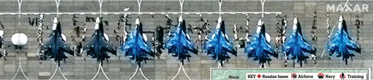  ??  ?? Attack force: Satellite images show 15 Su-34 jets arrayed on the runway at Morozovsk