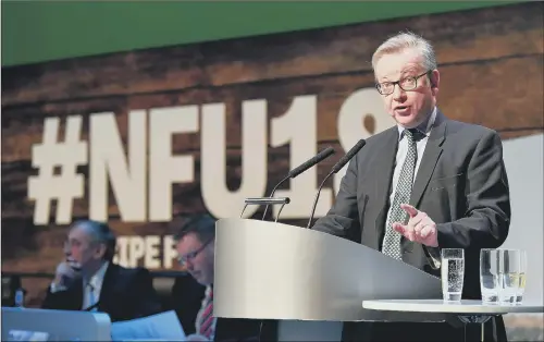  ??  ?? Environmen­t Secretary Michael Gove delivers a speech at the 2018 NFU Conference in Birmingham.