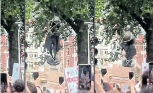  ?? Picture: TWITTER ?? EXPRESSION: British protesters pull down a statue of slave trader Edward Colston in Bristol, south west England, in solidarity with the Black Lives Matter movement in the wake of George Floyd’s death.