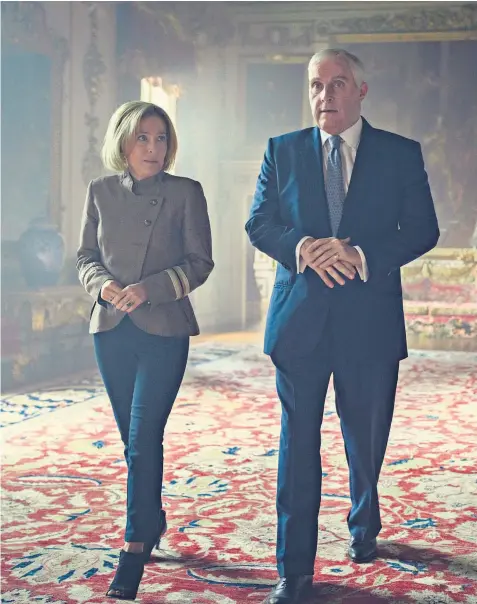  ?? ?? Emily Maitlis, played by Gillian Anderson, and the Duke of York, played by Rufus Sewell, march towards their now infamous Newsnight interview in Netflix’s Scoop