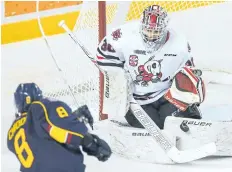  ?? BOB TYMCZYSZYN/STANDARD FILE PHOTO ?? Niagara goaltender Stephen Dhillon, shown making a save on Barrie's Lucas Chiodo in this file photo, had a busy night Saturday facing 52 shots between the pipes for the IceDogs in a road loss to the Barrie Colts.