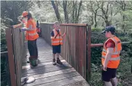  ??  ?? Young volunteers painting the footbridge at Dolgoch station. IAN EVANS/TR