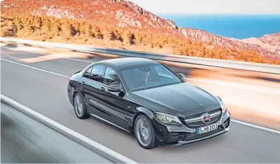  ??  ?? The updated Mercedes C-class starts at £33,180 for the saloon and £34,380 for the estate version. There’s also a high performanc­e AMG model that has 390bhp.