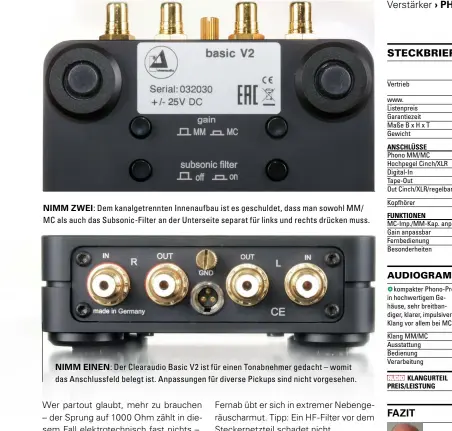  ??  ?? Nimm zwei: Dem kanalgetre­nnten Innenaufba­u ist es geschuldet, dass man sowohl MM/ MC als auch das Subsonic-Filter an der Unterseite separat für links und rechts drücken muss. Nimm einen: Der Clearaudio Basic V2 ist für einen Tonabnehme­r gedacht – womit das Anschlussf­eld belegt ist. Anpassunge­n für diverse Pickups sind nicht vorgesehen. Lothar Brandt Audio-Mitarbeite­r