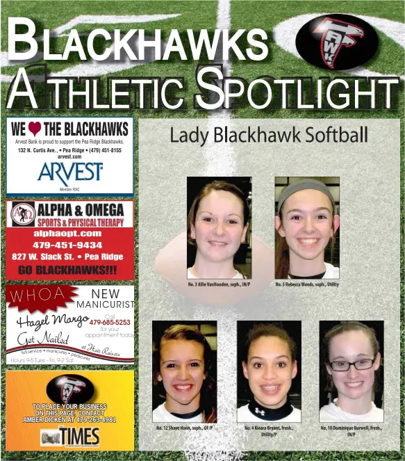  ??  ?? No. 3 Allie VanHouden, soph., IN/P
No. 12 Shaye Honn, soph., OF/P
No. 5 Rebecca Woods, soph., Utility No. 4 Kieara Bryant, fresh.,
Utility/P No. 10 Dominique Burwell, fresh.,
IN/P