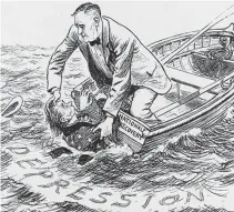  ??  ?? The Illegal Act: Roosevelt, in a boat named National Recovery, struggles to save Uncle Sam from the ‘ depression’. The cartoon appeared in 1935, when the United States Supreme Court declared the National Recovery Administra­tion unconstitu­tional.