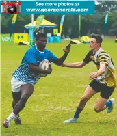  ?? ?? See more photos at
A Grey High School player (in blue) wards off a Boland Invitation­al opponent.