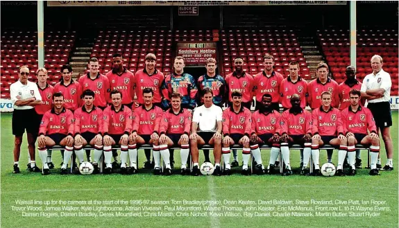  ?? ?? Walsall line up for the camera at the start of the 1996-97 season.tom Bradley(physio), Dean Keates, David Baldwin, Steve Rowland, Clive Platt, Ian Roper, Trevor Wood, James Walker, Kyle Lightbourn­e, Adrian Viveash, Paul Mountford, Wayne Thomas, John Keister, Eric Mcmanus, Front row L. to R.wayne Evans, Darren Rogers, Darren Bradley, Derek Mountfield, Chris Marsh, Chris Nicholl, Kevin Wilson, Ray Daniel, Charlie Ntamark, Martin Butler, Stuart Ryder