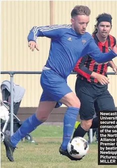  ??  ?? Newcastle University (blue) secured a fifth consecutiv­e win of the season in the Northern Alliance League’s Premier Division by beating AFC Newbiggin 4-1. Pictures: STEVE MILLER