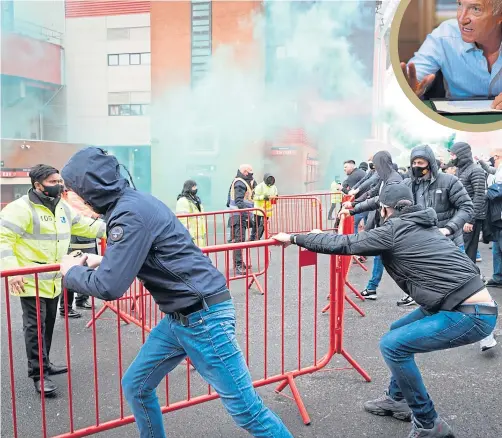  ??  ?? Trouble flares outside Old Trafford last weekend, scenes which were roundly condemned by Sky pundit Graeme Souness (inset)