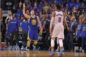  ?? JOSE CARLOS FAJARDO — BAY AREA NEWS GROUP ?? The Warriors’ Klay Thompson gestures after scoring a 3-point basket against the Thunder in Game 6of the 2016 Western Conference finals at Chesapeake Energy Arena in Oklahoma City, Okla.