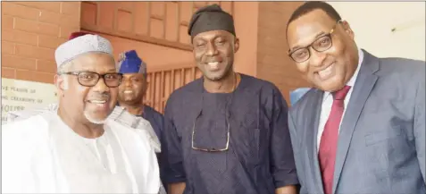  ??  ?? President, Manufactur­ers Associatio­n of Nigeria (MAN) Mansur Ahmed (left); Director-general, MAN, Segun Ajayi-kadir; Executive Secretary /Chief Executive Officer, Nigerian Shippers’ Council (NSC) Hassan Bello, during a courtesy visit of NSC to MAN in Lagos.