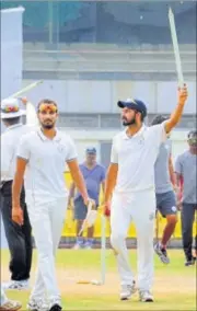  ??  ?? Haryana captain Mohit Sharma (right) celebrates his team’s 161-run Ranji Trophy win over Chhattisga­rh in Guwahati on Sunday. PTI