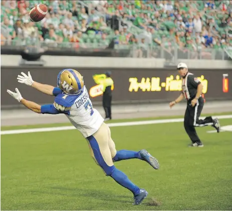  ?? MARK TAYLOR/THE CANADIAN PRESS ?? Winnipeg Blue Bombers receiver Weston Dressler had a huge day against his former team on July 1 at Mosaic Stadium, recording 124 yards and scoring two touchdowns in a 43-40 OT win. Dressler is expected to return to the Bombers lineup for Sunday’s...