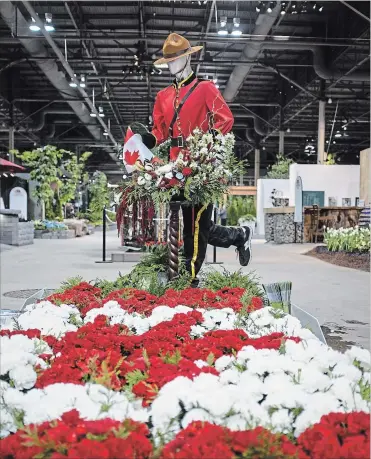  ?? THERESA M. FORTE ?? The Floral Alley at Canada Blooms (2017) the theme of Oh! Canada with a Mountie running (check out the footwear) past a bed of red and white carnations. The 2018 theme, Let’s Go to the Movies will be equally creative and colourful.