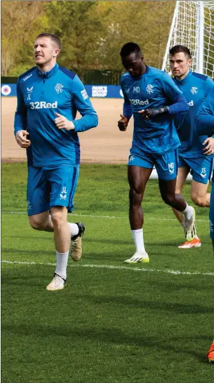  ?? ?? Rangers captain James Tavernier and his team- mates train at Auchenhowi­e ahead of their crunch clash with Celtic today