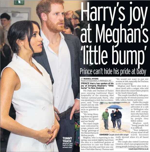  ??  ?? TUMMY TOUCH Meghan and Harry’s film school visit COVERED