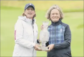  ?? Peter Morrison / Associated Press ?? Juli Inkster of the U.S., left, and Catriona Matthew of Team Europe are rival captains for the Solheim Cup tournament this week in Scotland.