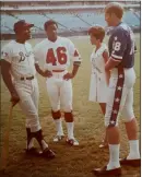  ?? George Kunz ?? Hank Aaron, from left, and Paul Gipson, of the Atlanta Falcons, talk with George Kunz and Kunz’s fiancee, Mary Sue, in a promotion before the 1969 Coaches All-america Game in Atlanta.