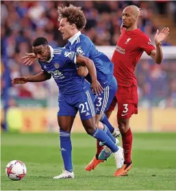  ?? GETTY IMAGES ?? CASE FOR THE DEFENCE: City’s Ricardo Pereira and Wout Faes clash with Liverpool midfielder Fabinho last night