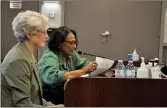  ?? Photos by Matthew Liebenberg/Prairie Post ?? Great Plains College Literacy Coordinato­r Bula Ghosh speaks during a presentati­on about literacy at the City of Swift Current regular council meeting, Sept. 6. Seated next to her is Chinook Regional Library Director Kathryn Foley.