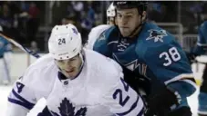  ?? MARCIO JOSE SANCHEZ/THE ASSOCIATED PRESS ?? Brian Boyle fends off Micheal Haley of the Sharks in his debut in a Maple Leafs jersey on Tuesday night in San Jose.