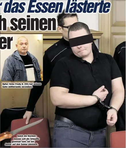  ??  ?? Opfer: Vater Fredy K. (55) hat seinem Sohn mittlerwei­le verziehen.Solch ein Küchenmess­er soll die Tatwaffe gewesen sein, als der Junior auf den Senior einstach.