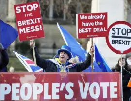  ?? Simon Dawson/Reuters ?? Anti-Brexit protesters hold signs outside the Houses of Parliament in London in January.