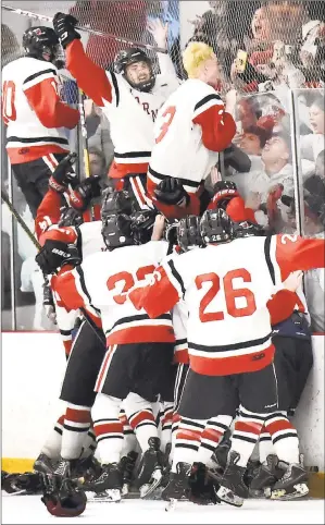  ?? Peter Hvizdak / Hearst Connecticu­t Media ?? Branford’s Daniel Farriciell­i, top center, who scored the only goal of the game against North Haven in the SCC/SWC boys bockey Division II championsh­ip, holds his stick high as he celebrates with teammates Saturday at Bennett Rink in West Haven.