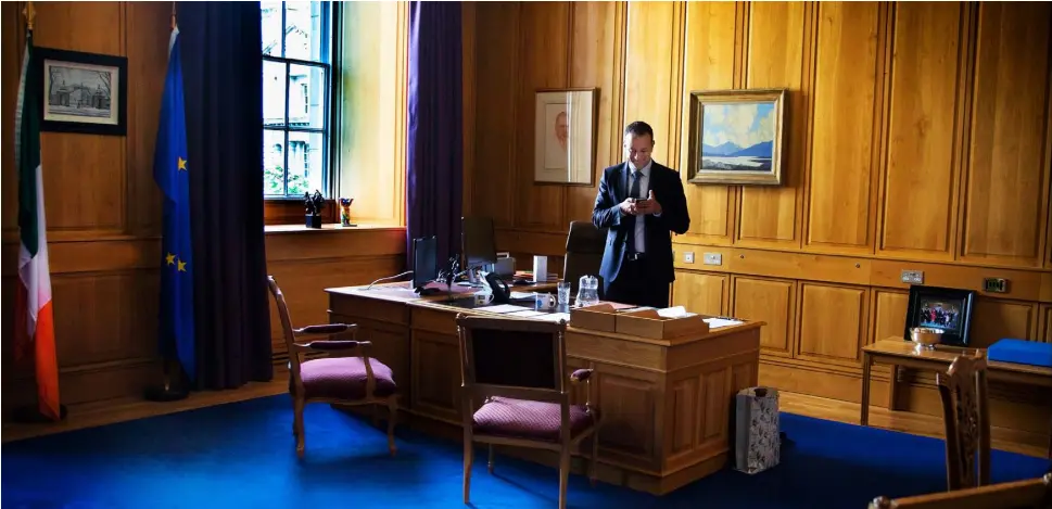  ??  ?? ON A MISSION: Taoiseach Leo Varadkar, in his office in Government Buildings, has laughed off accusation­s of ‘style over substance’ and has vowed to ‘‘reward work and reward enterprise through targeted but modest tax reductions’’. Photos: David Conachy