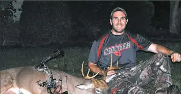  ??  ?? Some of the best racks in Pennsylvan­ia are in Allegheny County, but suburban hunting poses problems. Robbie Petrick of Carnegie harvested this 8-point point with a bow in North Fayette on Oct. 5.