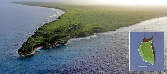  ?? ?? The remote Henderson Island in the South Pacific and, inset, a map showing the island’s real position compared with its previously plotted position