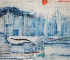  ??  ?? 香港會議展覽中心，像一隻白色水母停泊在­海旁，背景是灣仔和中環的商­廈⋯⋯南華早報 66 x 57厘米