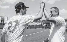  ?? Stephen Spillman / Contributo­r ?? UT athletic director Chris Del Conte, right, greets baseball player Blair Henley as well as all donors with open arms.