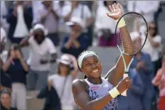  ?? AP photo ?? Coco Gauff celebrates winning her semifinal match against Italy’s Martina Trevisan in two sets, 6-3, 6-1, at the French Open in Paris, France, on Thursday.