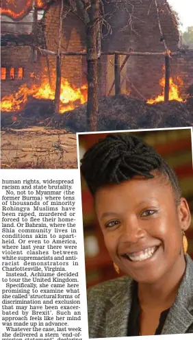  ??  ?? Destroyed: Mike Campbell’s farm is set ablaze in the film portrayal of his ordeal. Inset, Tendayi Achiume