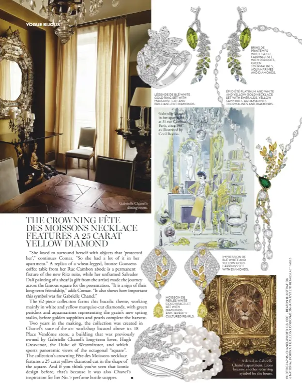  ??  ?? Gabrielle Chanel’s dining room. LÉGENDE DE BLÉ WHITE GOLD RING SET WITH MARQUISE-CUT AND BRILLIANT-CUT DIAMONDS. Gabrielle Chanel in her apartment at 31 rue Cambon, Paris, circa 1967, as illustrate­d by Cecil Beaton. MOISSON DE PERLES WHITE GOLD...