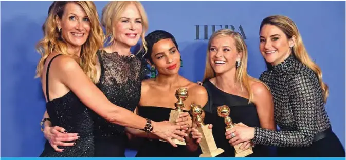  ??  ?? (From left) Actresses Laura Dern, Nicole Kidman, Zoe Kravitz, Reese Witherspoo­n and Shailene Woodley pose with the Best Television Limited Series or Motion Picture Made for Television trophy for ‘Big Little Lies’ during the 75th Golden Globe Awards in...