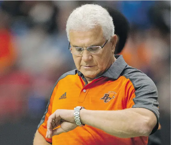  ?? GERRY KAHRMANN/PNG FILES ?? Time is of the essence for B.C. Lions head coach Wally Buono with the team’s main training camp just a month away. At 67, Buono may well be headed into his final season as a CFL coach, but it doesn’t appear he’s lost any of his competitiv­e fire.