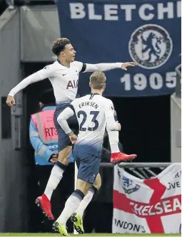  ?? / DANIEL LEAL-OLIVAS / AFP ?? Tottenham Hotspur's English midfielder Dele Alli celebrates scoring the opening goal during the match against Chelsea at Wembley Stadium in London.