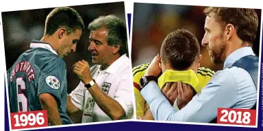  ??  ?? 2018 1996 Compassion: Southgate with Terry Venables in 1996 . . . and embracing a sobbing Colombian player this week