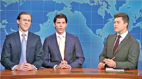  ??  ?? Eric Trump (left) and Donald Trump Jr - portrayed by Alex Moffat and Mikey Day respective­ly - filled in “Weekend Update” host Colin Jost on their activities for the past few months.