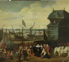  ??  ?? Ontvangst van Maria de Medici in Antwerpen, Matheus Vroom. Op 4 augustus 1631 komt de moeder van Lodewijk XIII in Brussel aan. Met de trekschuit varen ze over het kanaal naar Klein-Willebroek, vanwaar ze met een vloot zeilschepe­n naar Antwerpen koers...